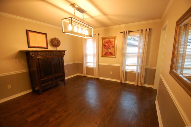 interior space with ornamental molding and dark hardwood / wood-style floors