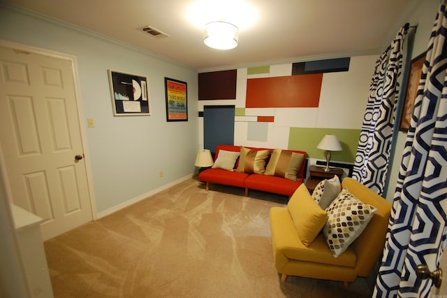 living area with crown molding and light carpet