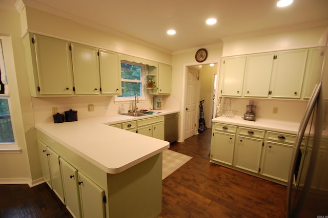 kitchen with sink, dark wood-type flooring, dishwasher, ornamental molding, and kitchen peninsula