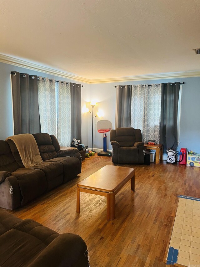 living room featuring crown molding and hardwood / wood-style floors