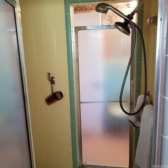 bathroom featuring a shower with door