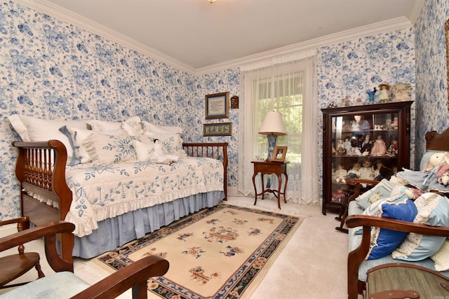 carpeted bedroom with ornamental molding