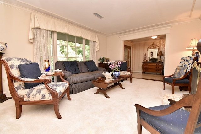 carpeted living room featuring crown molding