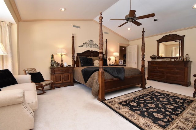 bedroom with crown molding, ceiling fan, lofted ceiling, and carpet