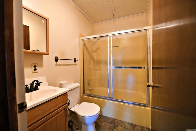 full bathroom featuring enclosed tub / shower combo, a textured ceiling, toilet, vanity, and tile patterned floors