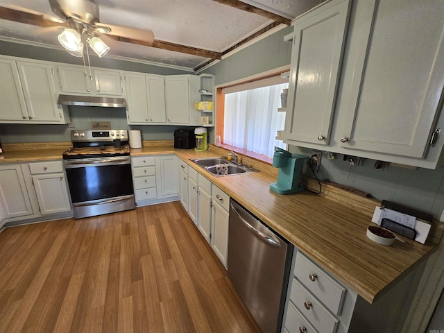 kitchen with white cabinetry, sink, stainless steel appliances, and light wood-type flooring