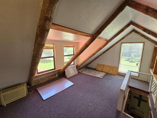 additional living space featuring dark colored carpet, vaulted ceiling, a healthy amount of sunlight, and a textured ceiling