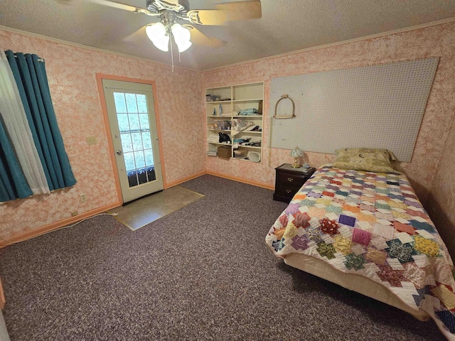 unfurnished bedroom with crown molding, ceiling fan, and dark carpet