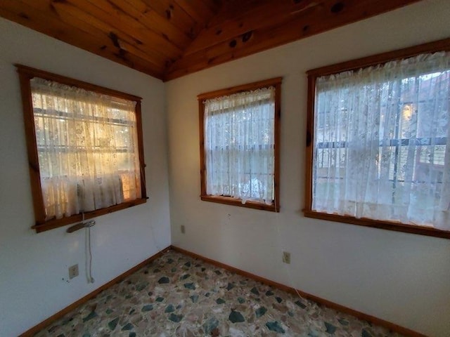 empty room featuring vaulted ceiling and wooden ceiling