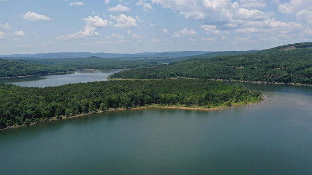 drone / aerial view with a water and mountain view