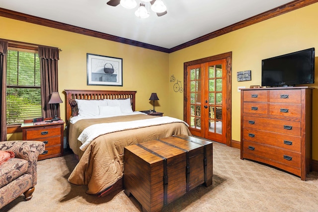 carpeted bedroom with ceiling fan, crown molding, access to outside, and french doors