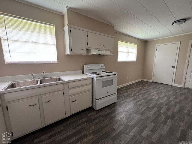 kitchen featuring white cabinets, crown molding, electric range, sink, and dark wood-type flooring