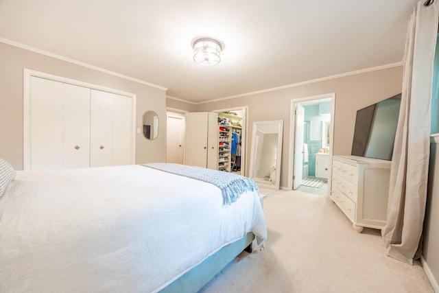 bedroom featuring light colored carpet, ensuite bath, and ornamental molding