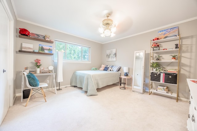 bedroom featuring crown molding, light carpet, and ceiling fan