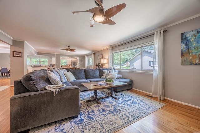 living room featuring crown molding, light wood-type flooring, and ceiling fan