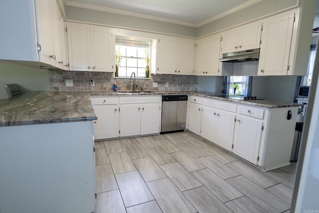 kitchen featuring sink, crown molding, backsplash, stainless steel appliances, and white cabinets