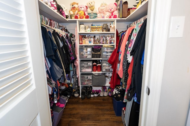 walk in closet with dark wood-type flooring