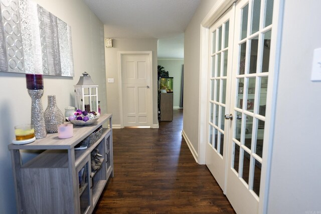 hallway featuring dark hardwood / wood-style floors and french doors