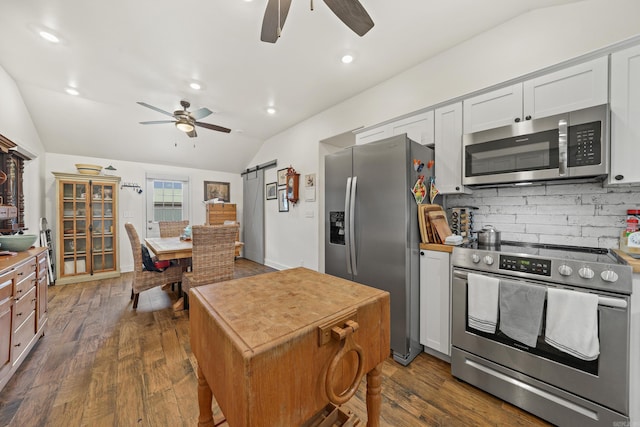 kitchen featuring tasteful backsplash, ceiling fan, dark hardwood / wood-style flooring, vaulted ceiling, and appliances with stainless steel finishes