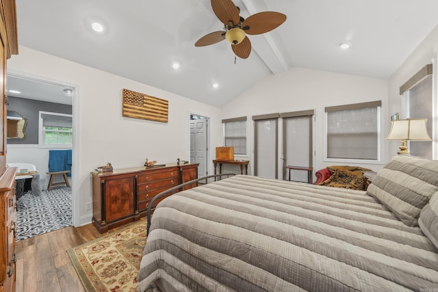 bedroom with lofted ceiling with beams, ceiling fan, and hardwood / wood-style flooring