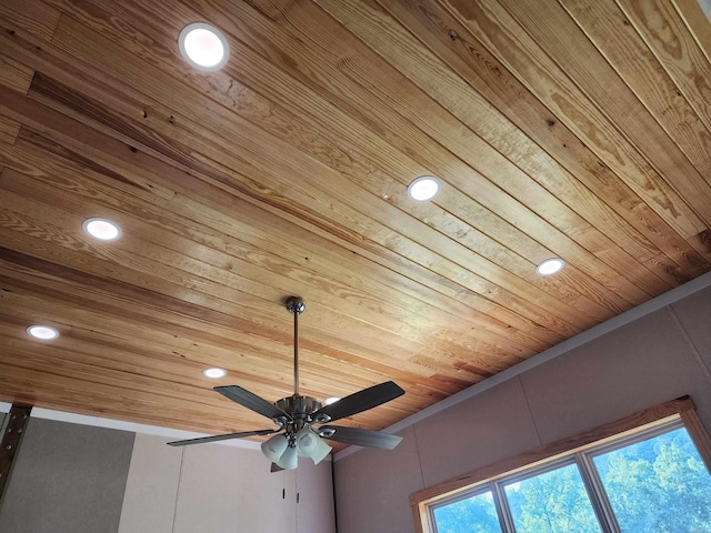 details with wood ceiling and ceiling fan