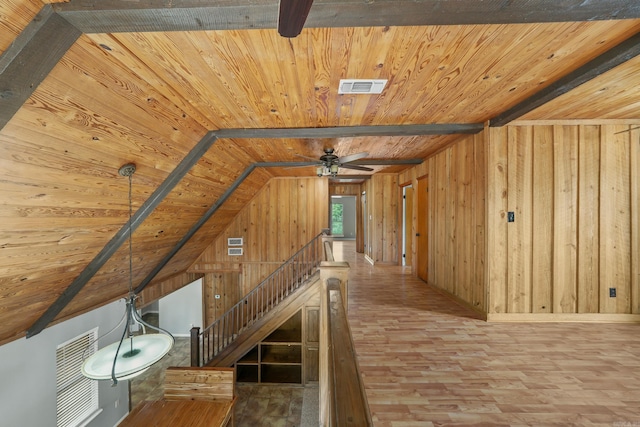 bonus room featuring hardwood / wood-style flooring, wood walls, wood ceiling, and ceiling fan