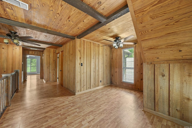 additional living space with wood walls, ceiling fan, light wood-type flooring, and wood ceiling