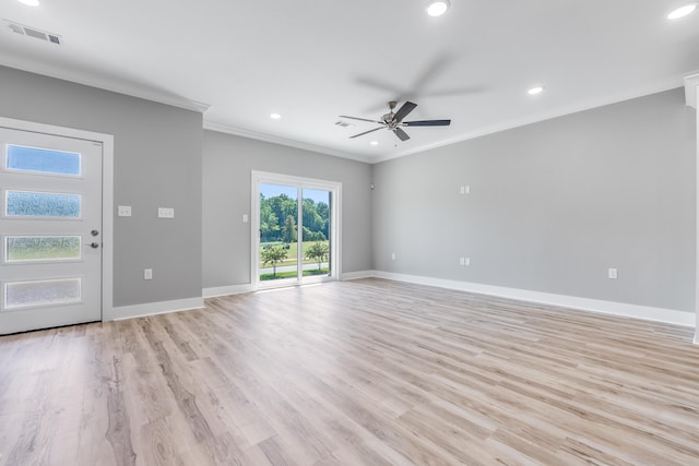 unfurnished living room with crown molding, light hardwood / wood-style flooring, and ceiling fan