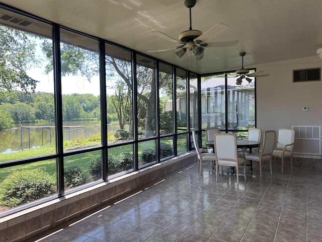 sunroom featuring a water view