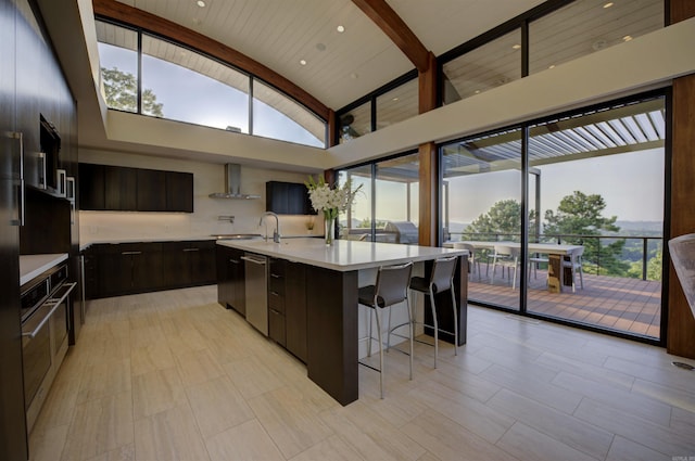 kitchen with sink, stainless steel appliances, high vaulted ceiling, an island with sink, and dark brown cabinets