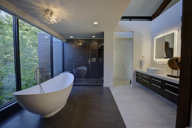 bathroom with vanity and independent shower and bath