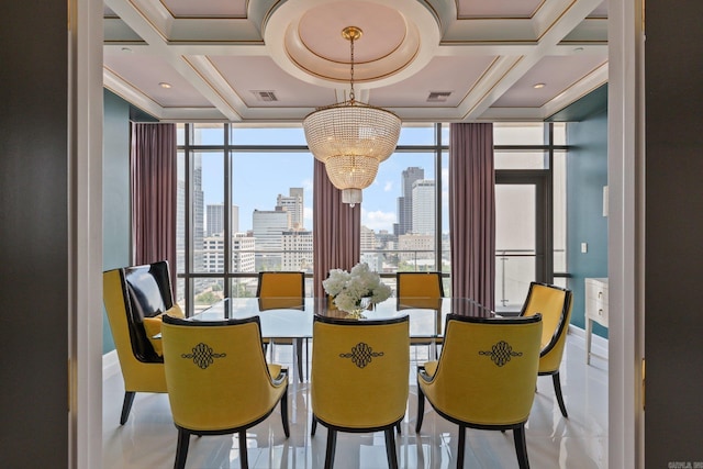 tiled dining room with a wall of windows, a notable chandelier, and coffered ceiling