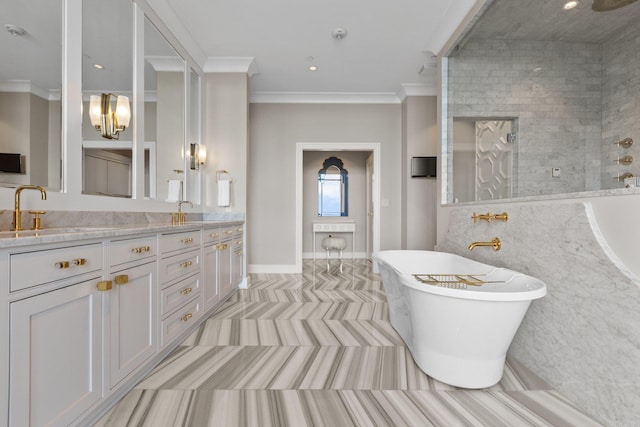 bathroom with ornamental molding, tile patterned floors, a bathing tub, and dual bowl vanity