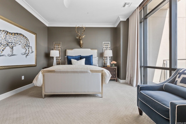 bedroom with light colored carpet and crown molding