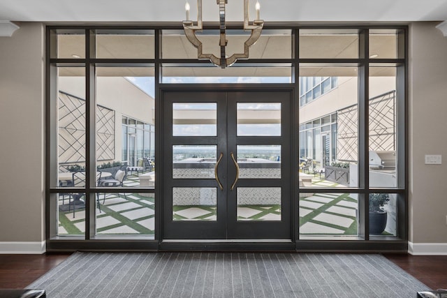 doorway with a wealth of natural light, french doors, and dark wood-type flooring