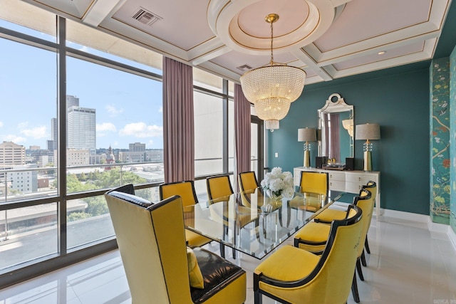 dining room featuring expansive windows, light tile patterned floors, a healthy amount of sunlight, and coffered ceiling