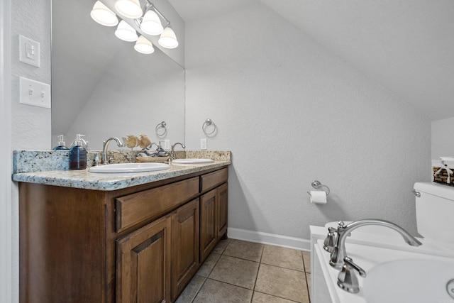 bathroom featuring double vanity, a sink, a washtub, and tile patterned floors