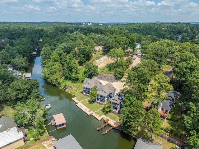 bird's eye view with a water view