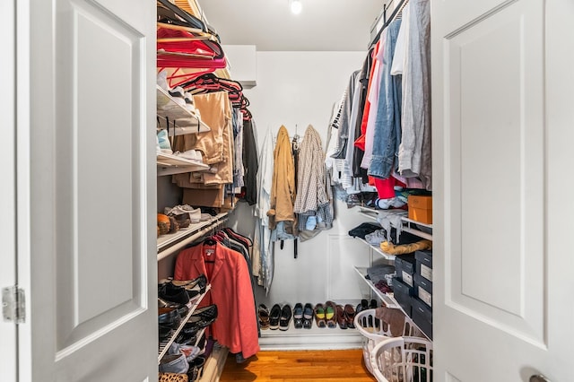 walk in closet with hardwood / wood-style flooring