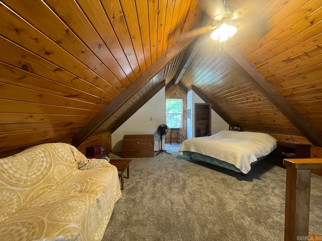 bedroom featuring carpet floors, wooden ceiling, ceiling fan, and vaulted ceiling