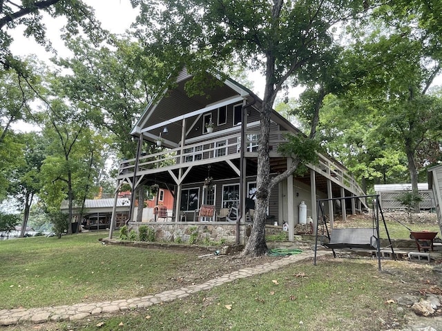 509A Woodland Hills Rd, Hardy, AR 72542 - back of house with a yard, a wooden deck, a patio area, and stairs