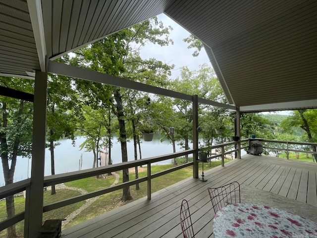 deck featuring a water view