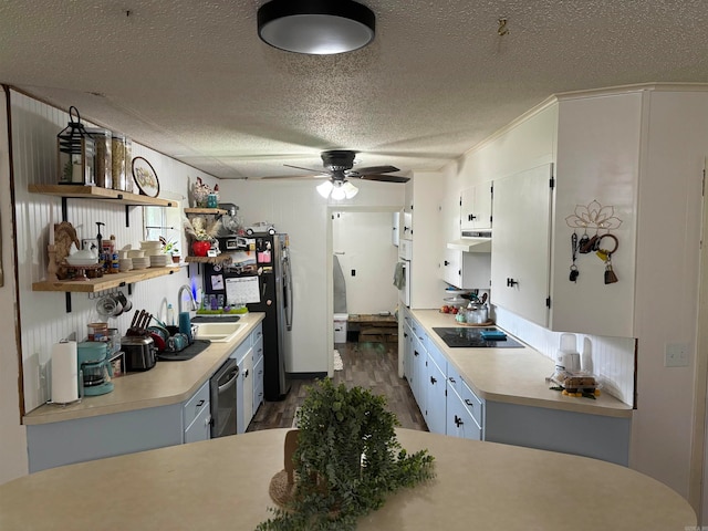 kitchen featuring white cabinets, sink, ceiling fan, a textured ceiling, and dark hardwood / wood-style flooring