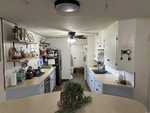 kitchen with a ceiling fan, wood finished floors, a textured ceiling, open shelves, and a sink