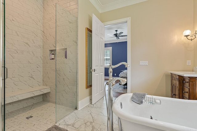 bathroom with crown molding, vanity, ceiling fan, tile patterned floors, and separate shower and tub