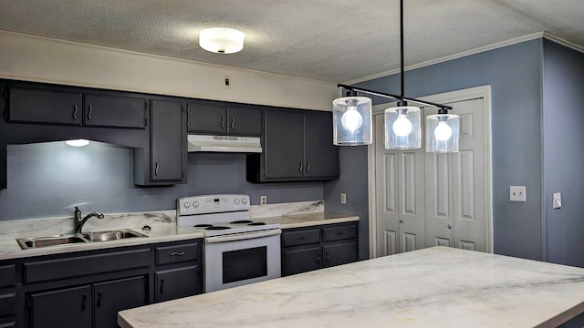 kitchen featuring electric range, sink, a textured ceiling, and hanging light fixtures