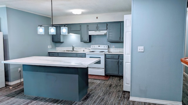 kitchen with hanging light fixtures, electric range, sink, a kitchen island, and dark wood-type flooring