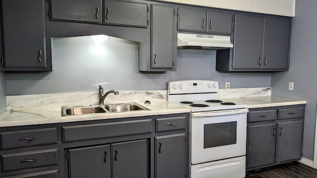 kitchen featuring gray cabinets, sink, white range with electric stovetop, and dark wood-type flooring