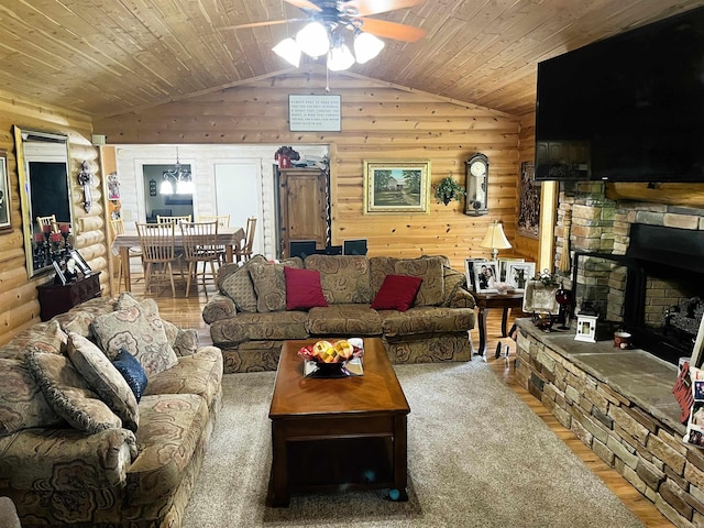 living room featuring ceiling fan, lofted ceiling, hardwood / wood-style floors, and wooden ceiling