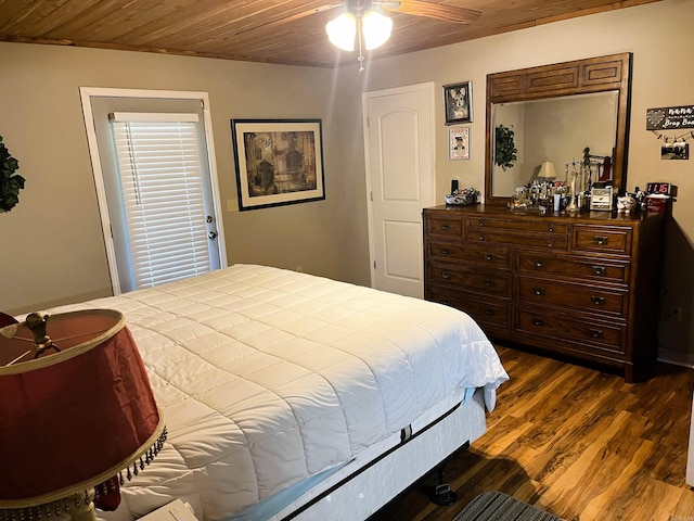 bedroom with ceiling fan, dark hardwood / wood-style flooring, and wooden ceiling